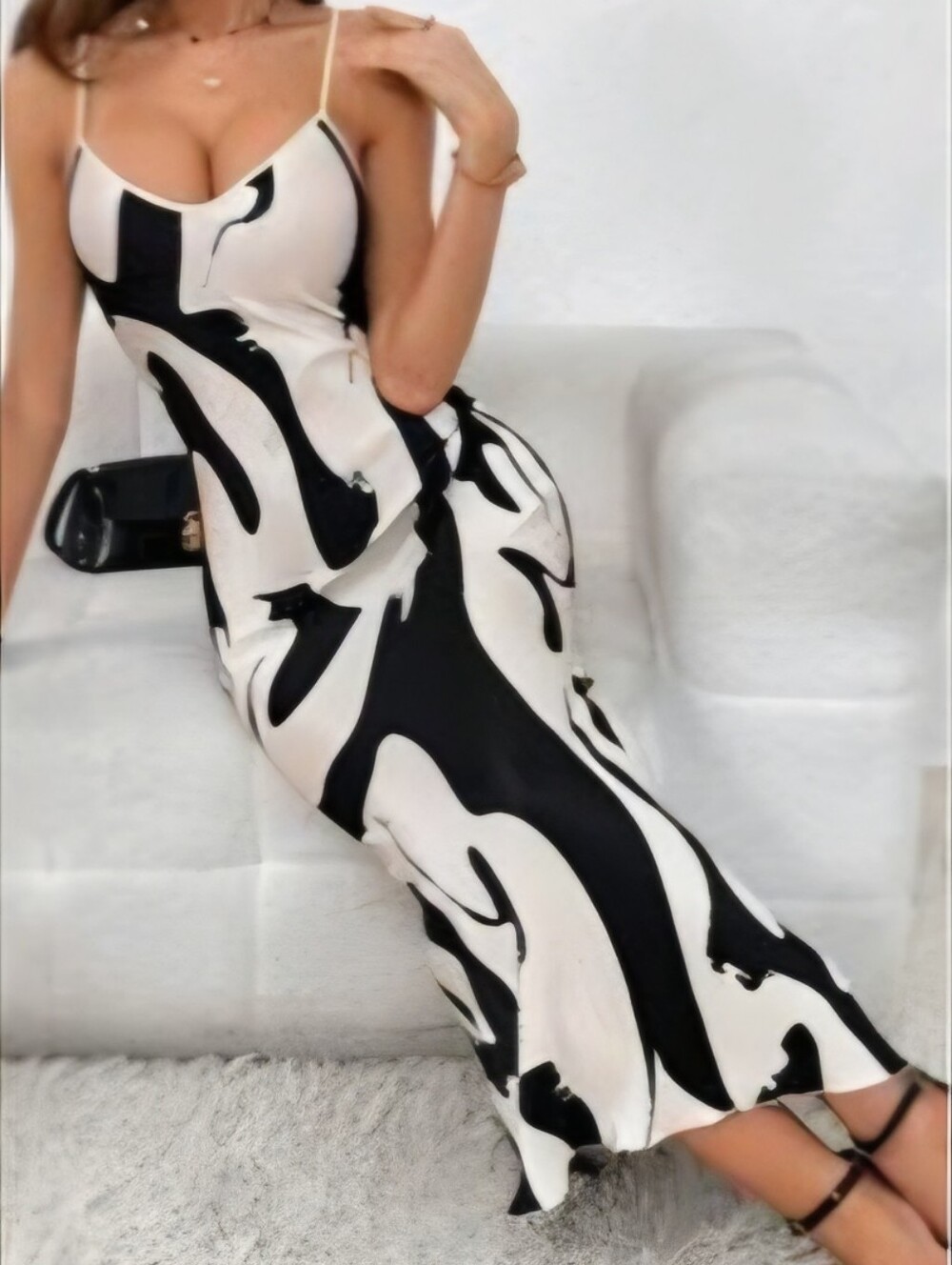 Shein Prive Graphic Print Cami Dress Pleated Black White Sz L